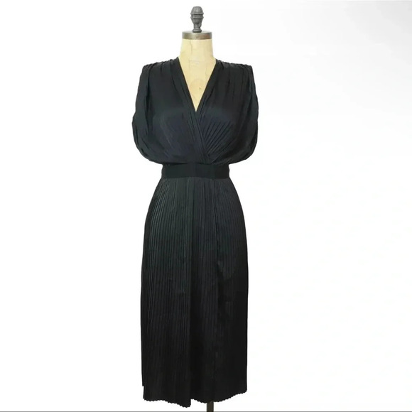 TOME Black Satin Cross Front Pleated Dress - Picture 4 of 12